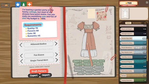 A garment design and its requirements in Dressmaker